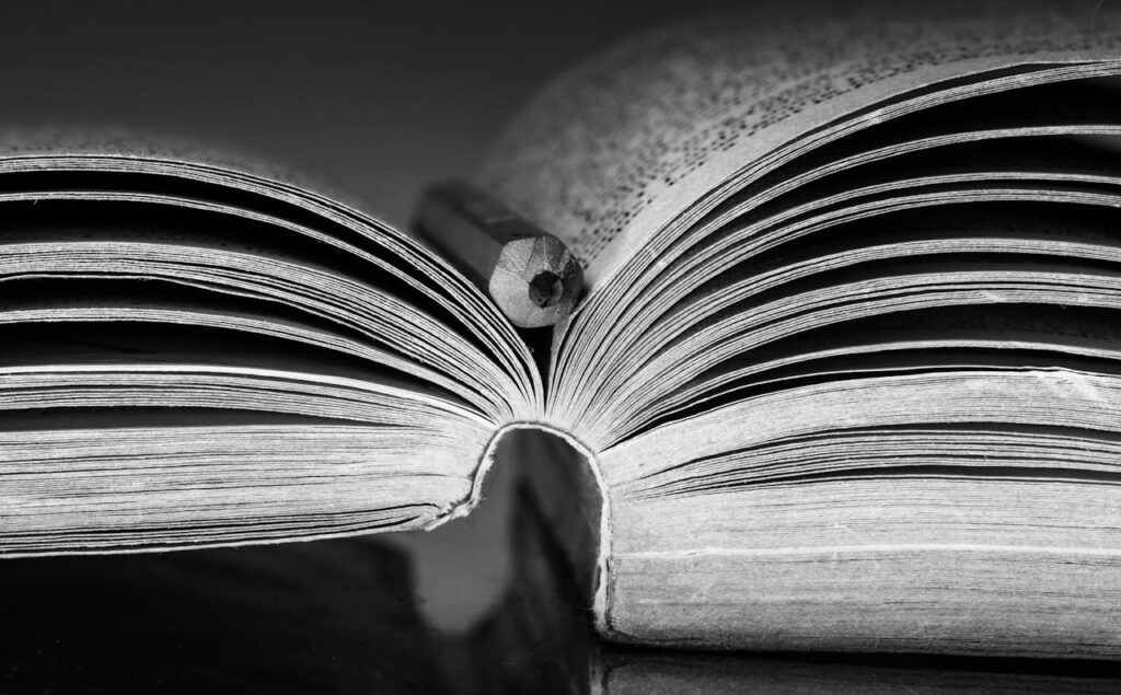 Artistic black and white close-up of an open book with a pencil placed in the middle.